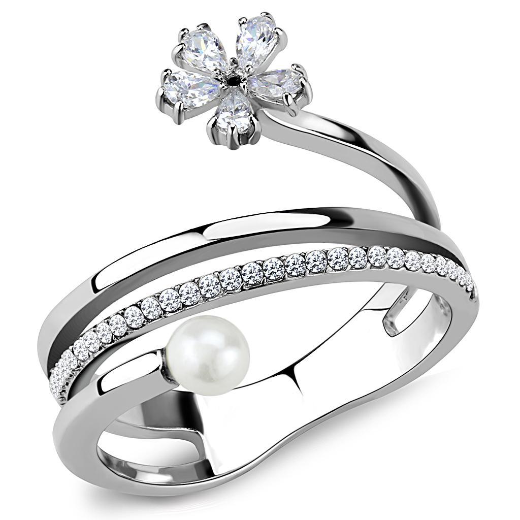DA059 - High polished (no plating) Stainless Steel Ring with Synthetic Pearl in White-0