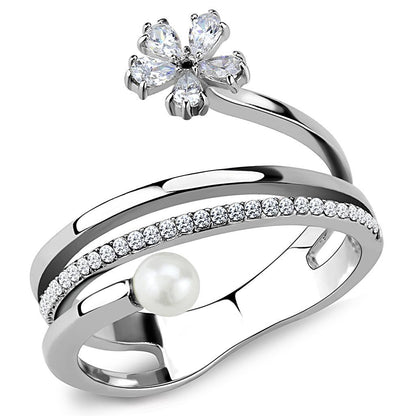 DA059 - High polished (no plating) Stainless Steel Ring with Synthetic Pearl in White-0