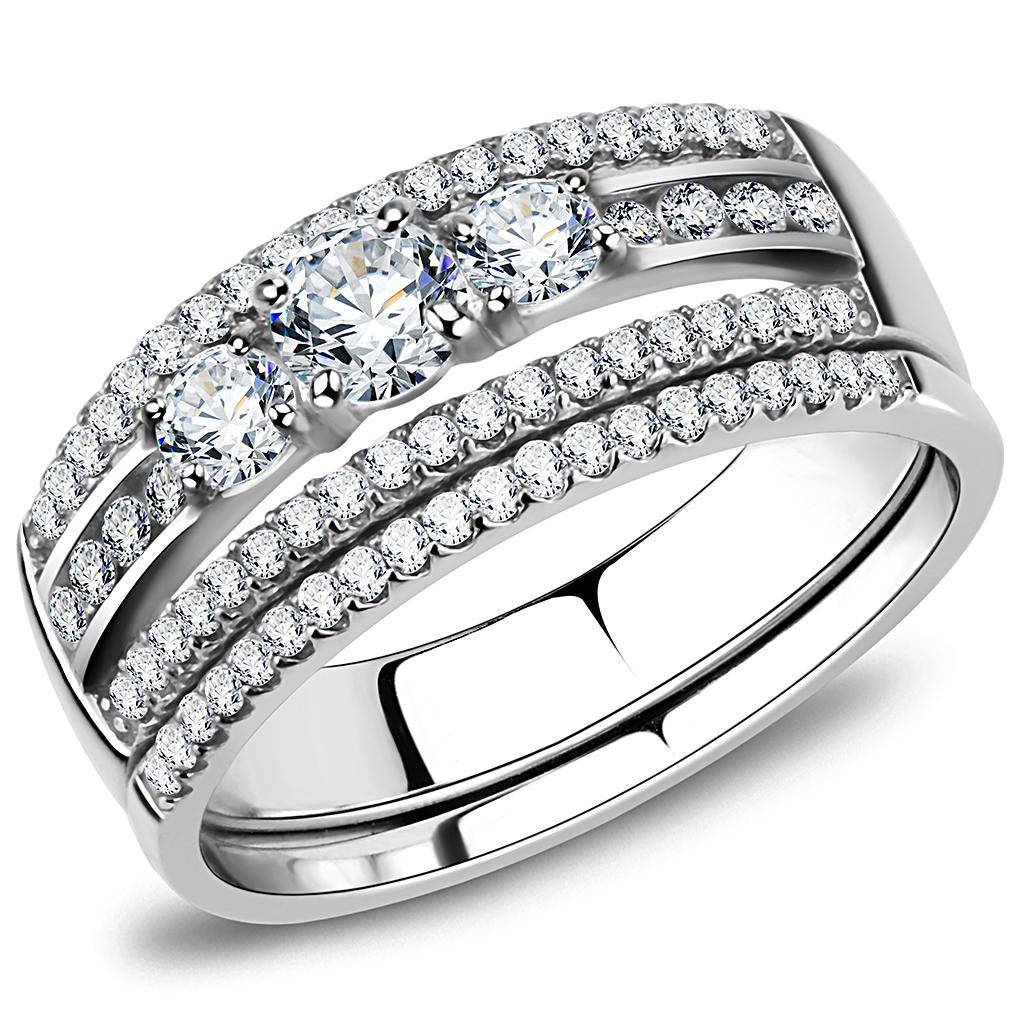DA062 - High polished (no plating) Stainless Steel Ring with AAA Grade CZ  in Clear-0