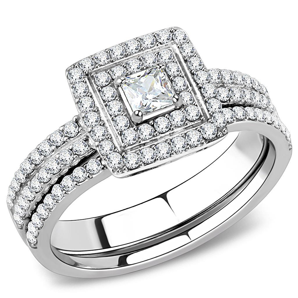 DA064 - High polished (no plating) Stainless Steel Ring with AAA Grade CZ  in Clear-0