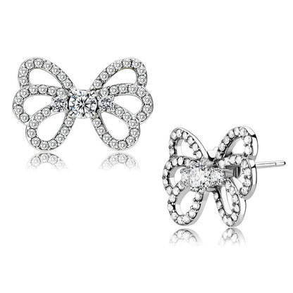 DA067 - High polished (no plating) Stainless Steel Earrings with AAA Grade CZ  in Clear-0