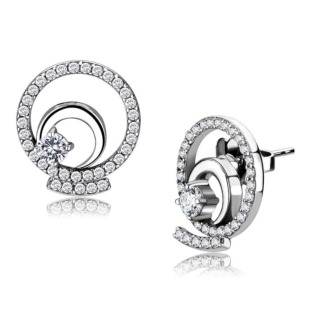 DA069 - High polished (no plating) Stainless Steel Earrings with AAA Grade CZ  in Clear-0