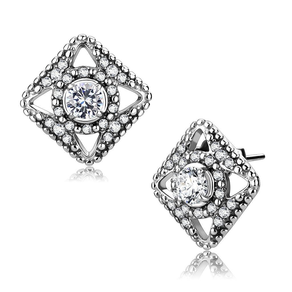 DA072 - High polished (no plating) Stainless Steel Earrings with AAA Grade CZ  in Clear-0