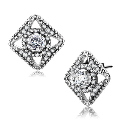 DA072 - High polished (no plating) Stainless Steel Earrings with AAA Grade CZ  in Clear-0