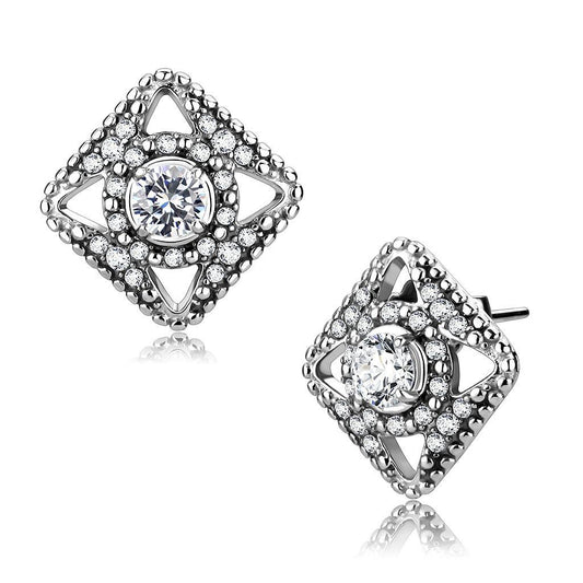 DA072 - High polished (no plating) Stainless Steel Earrings with AAA Grade CZ  in Clear-0