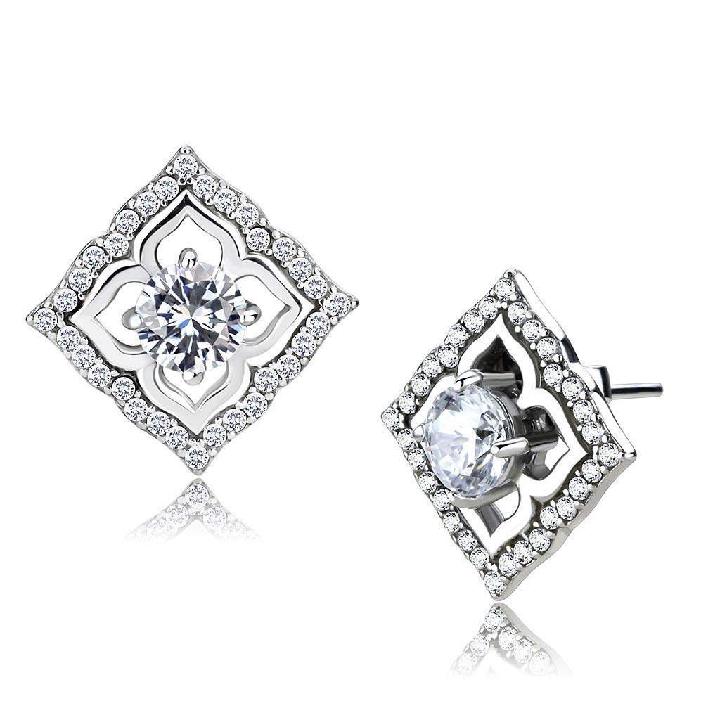 DA073 - High polished (no plating) Stainless Steel Earrings with AAA Grade CZ  in Clear-0