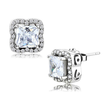 DA081 - High polished (no plating) Stainless Steel Earrings with AAA Grade CZ  in Clear-0