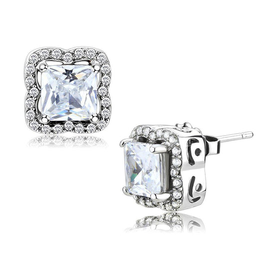 DA081 - High polished (no plating) Stainless Steel Earrings with AAA Grade CZ  in Clear-0