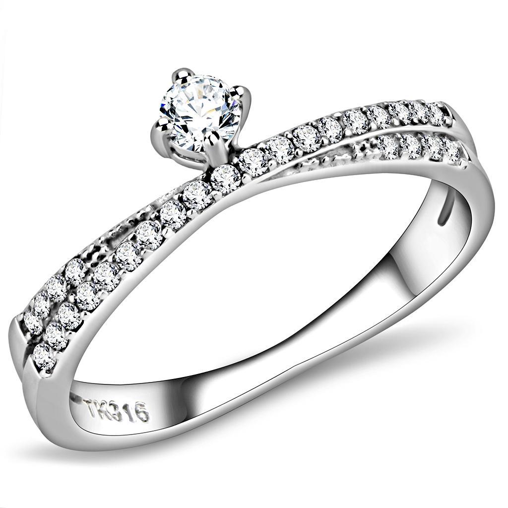 DA153 - High polished (no plating) Stainless Steel Ring with AAA Grade CZ  in Clear-0