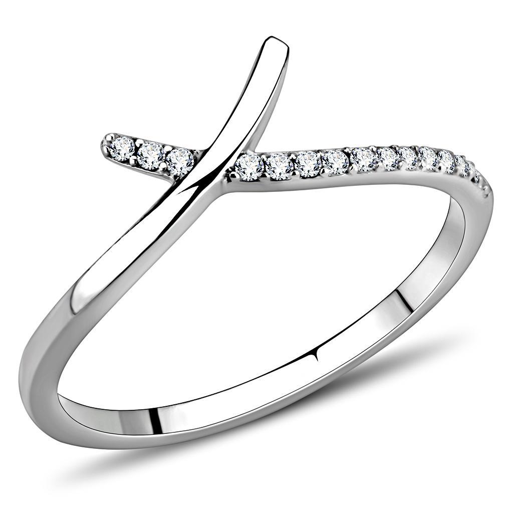 DA154 - High polished (no plating) Stainless Steel Ring with AAA Grade CZ  in Clear-0