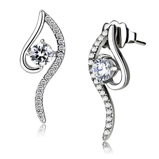 DA177 - High polished (no plating) Stainless Steel Earrings with AAA Grade CZ  in Clear-0