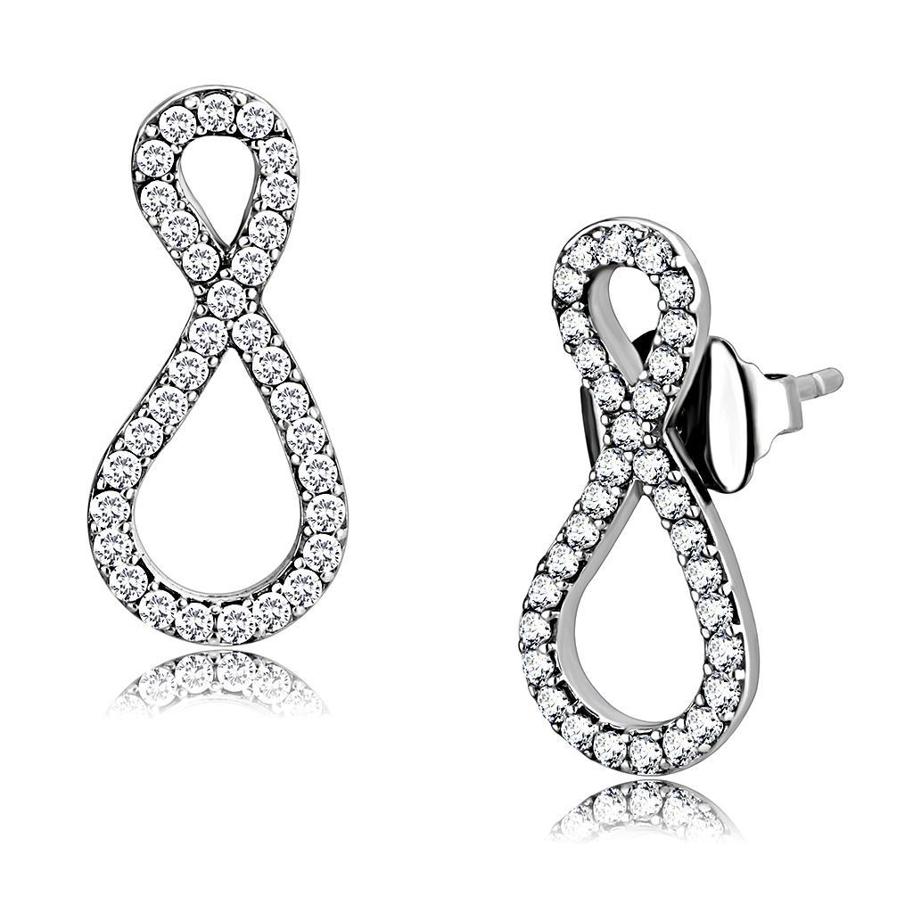 DA186 - High polished (no plating) Stainless Steel Earrings with AAA Grade CZ  in Clear-0