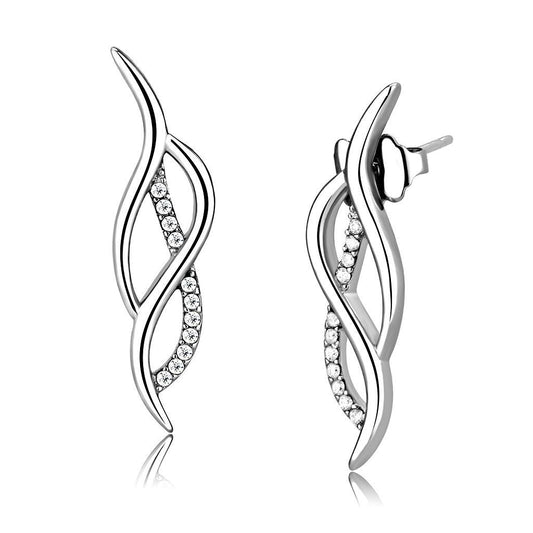 DA187 - High polished (no plating) Stainless Steel Earrings with AAA Grade CZ  in Clear-0