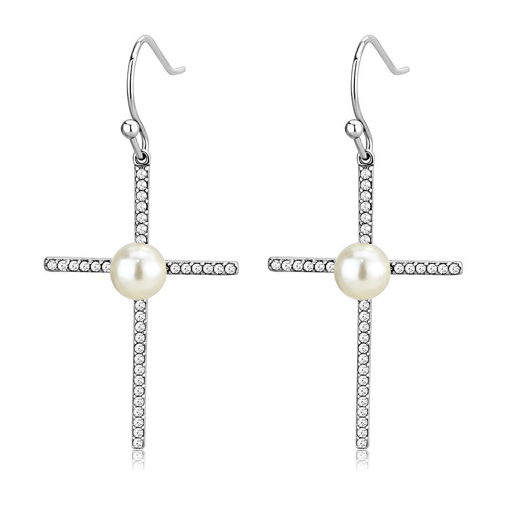 DA192 - High polished (no plating) Stainless Steel Earrings with Synthetic Pearl in White-0