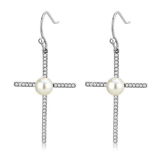 DA192 - High polished (no plating) Stainless Steel Earrings with Synthetic Pearl in White-0