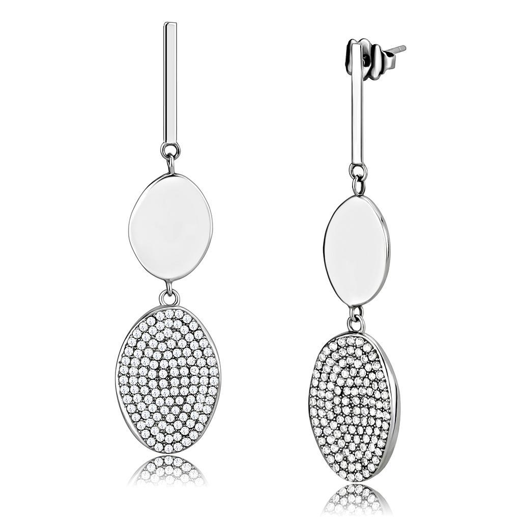 DA193 - High polished (no plating) Stainless Steel Earrings with AAA Grade CZ  in Clear-0