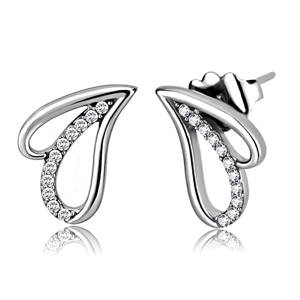 DA195 - High polished (no plating) Stainless Steel Earrings with AAA Grade CZ  in Clear-0