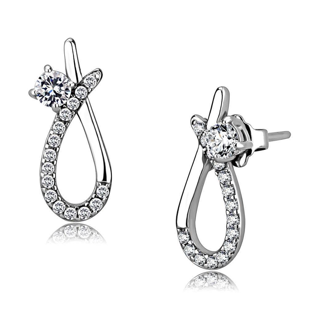 DA196 - High polished (no plating) Stainless Steel Earrings with AAA Grade CZ  in Clear-0