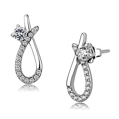DA196 - High polished (no plating) Stainless Steel Earrings with AAA Grade CZ  in Clear-0