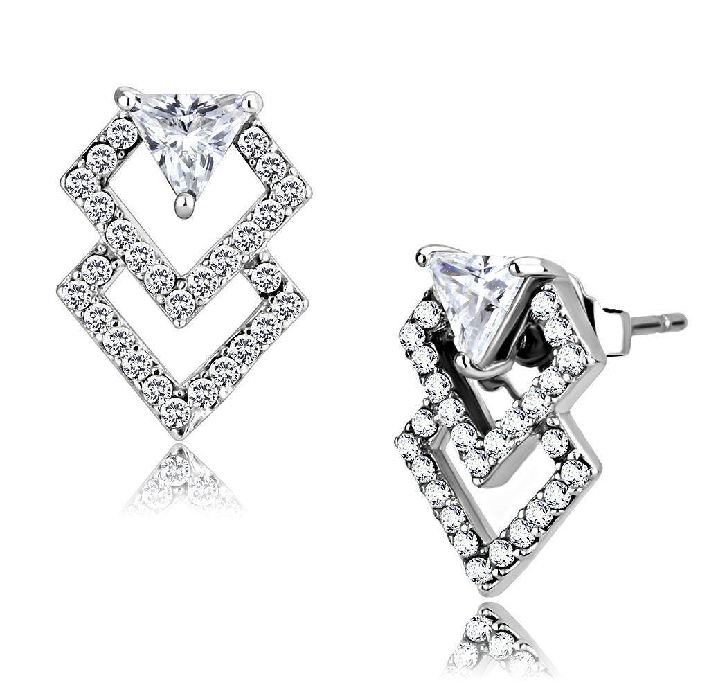 DA198 - High polished (no plating) Stainless Steel Earrings with AAA Grade CZ  in Clear-0