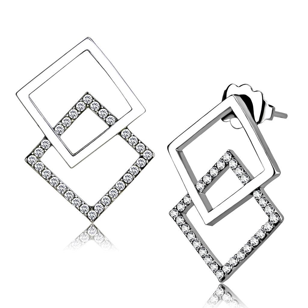 DA201 - High polished (no plating) Stainless Steel Earrings with AAA Grade CZ  in Clear-0