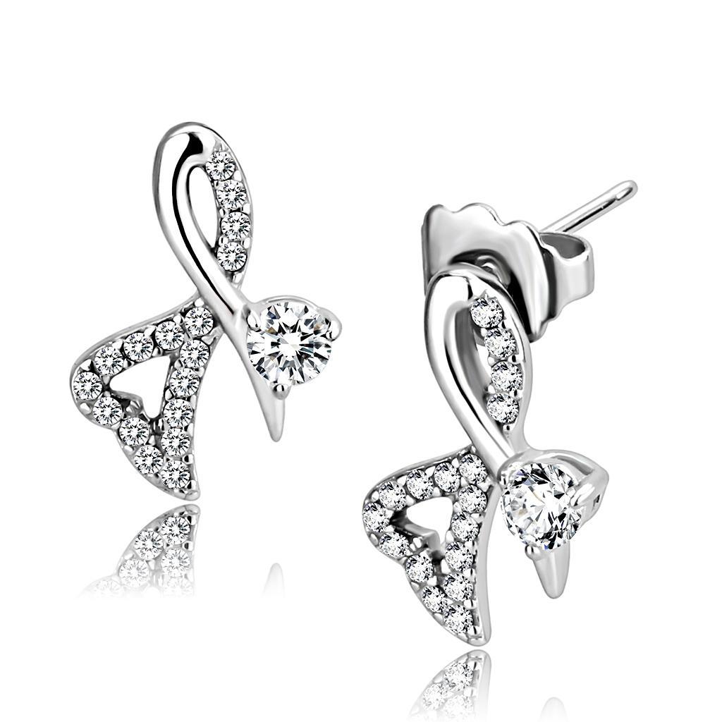 DA204 - High polished (no plating) Stainless Steel Earrings with AAA Grade CZ  in Clear-0