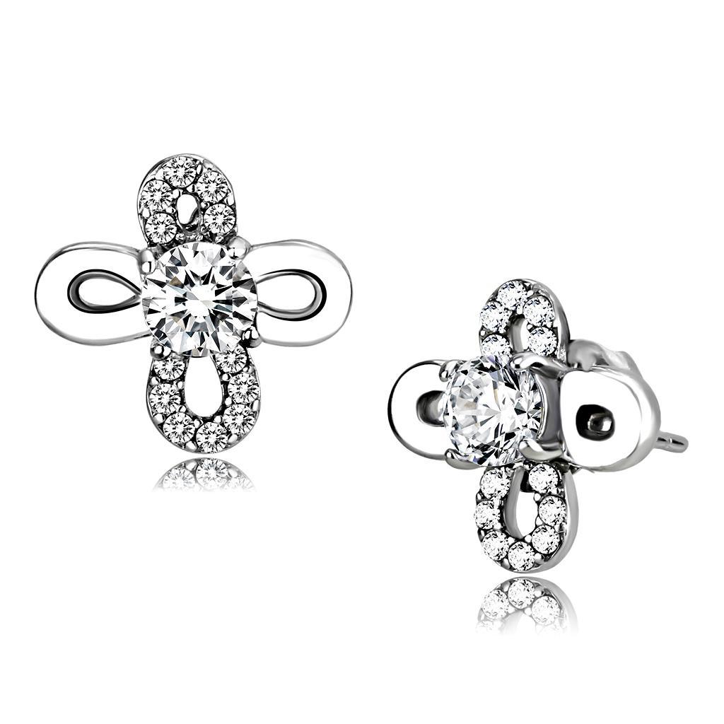 DA206 - High polished (no plating) Stainless Steel Earrings with AAA Grade CZ  in Clear-0