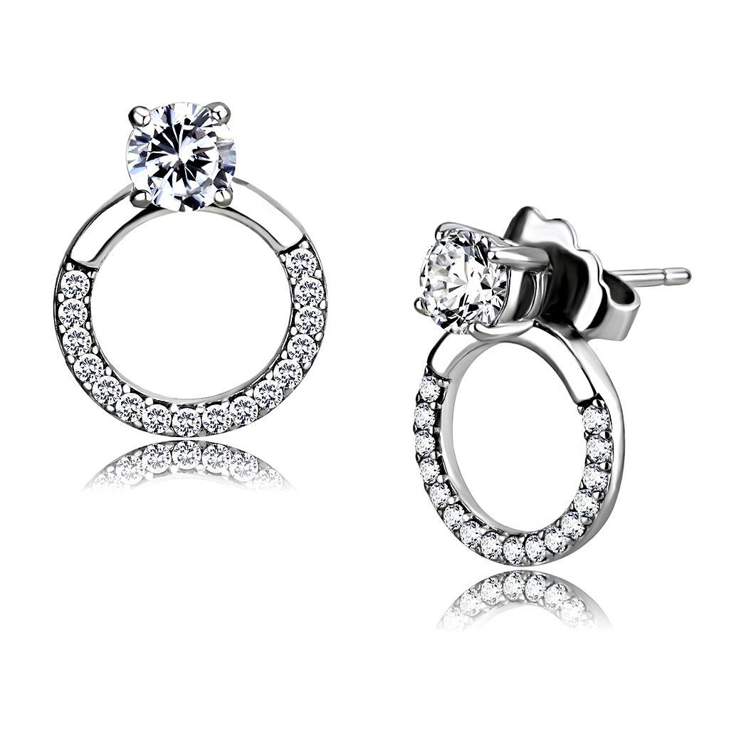 DA208 - High polished (no plating) Stainless Steel Earrings with AAA Grade CZ  in Clear-0