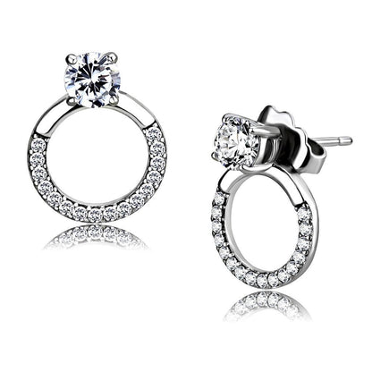 DA208 - High polished (no plating) Stainless Steel Earrings with AAA Grade CZ  in Clear-0