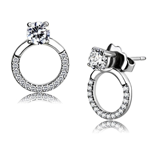DA208 - High polished (no plating) Stainless Steel Earrings with AAA Grade CZ  in Clear-0