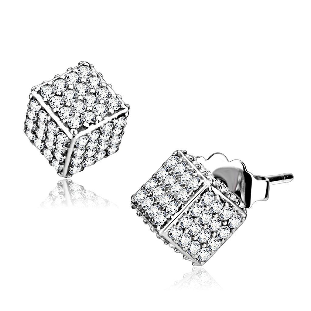 DA213 - High polished (no plating) Stainless Steel Earrings with AAA Grade CZ  in Clear-0