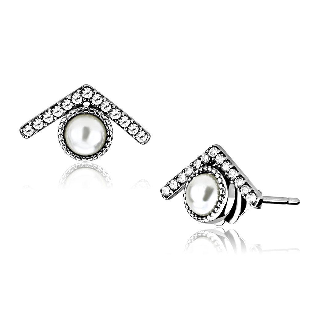 DA216 - High polished (no plating) Stainless Steel Earrings with Synthetic Pearl in White-0