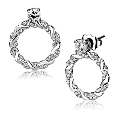 DA217 - High polished (no plating) Stainless Steel Earrings with AAA Grade CZ  in Clear-0