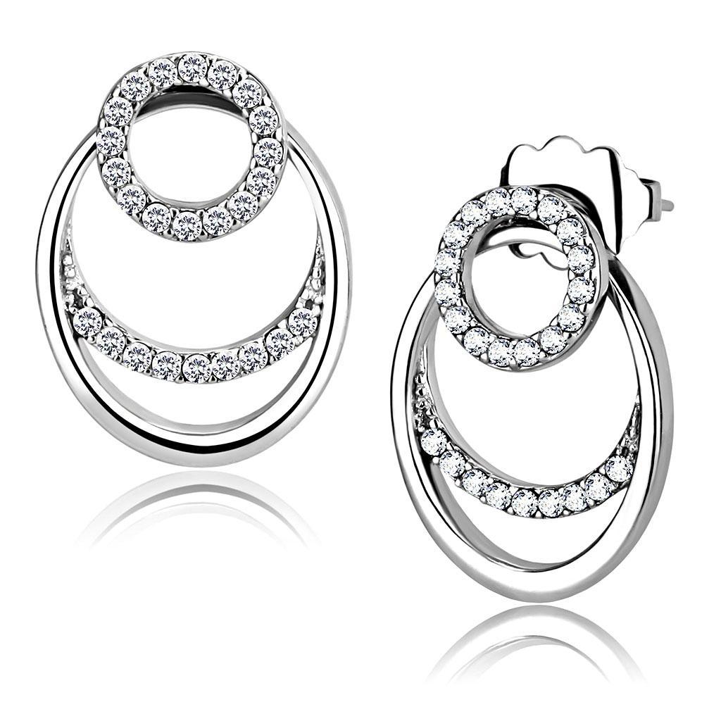 DA219 - High polished (no plating) Stainless Steel Earrings with AAA Grade CZ  in Clear-0