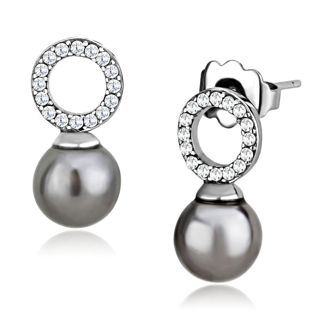 DA221 - High polished (no plating) Stainless Steel Earrings with Synthetic Pearl in Gray-0