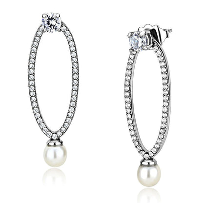 DA223 - High polished (no plating) Stainless Steel Earrings with Synthetic Pearl in White-0