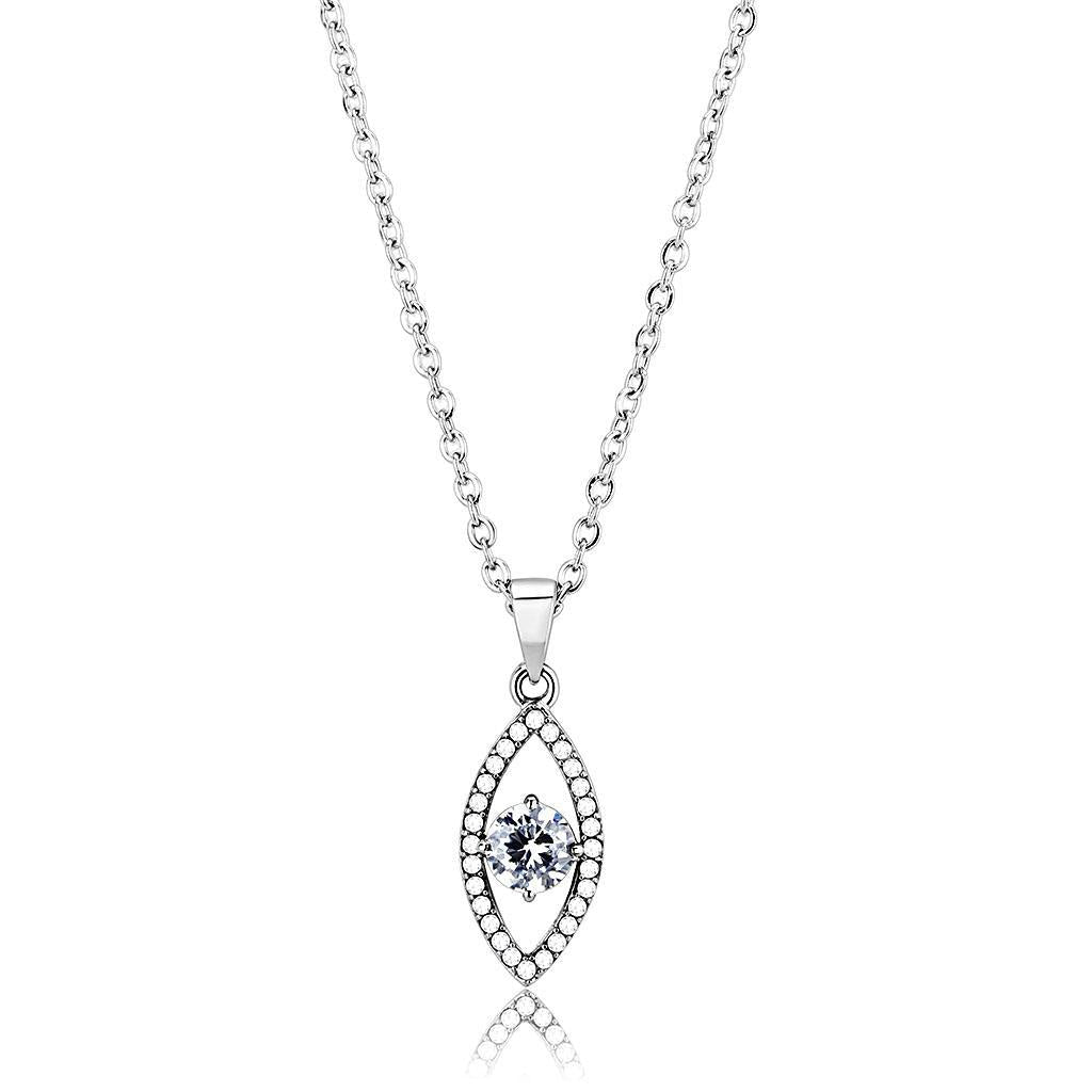 DA228 - High polished (no plating) Stainless Steel Chain Pendant with AAA Grade CZ  in Clear-0