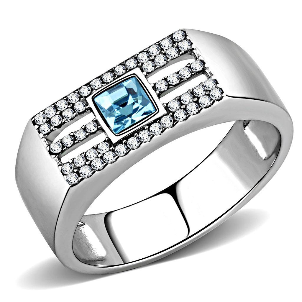 DA283 - High polished (no plating) Stainless Steel Ring with Top Grade Crystal  in Sea Blue-0