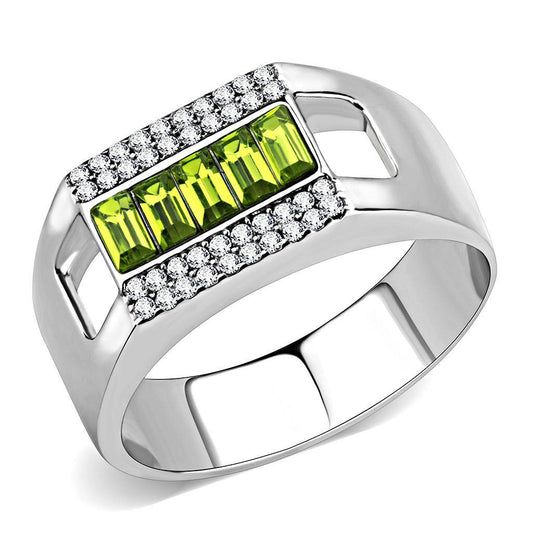 DA289 - High polished (no plating) Stainless Steel Ring with Top Grade Crystal  in Olivine color-0