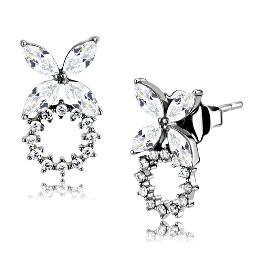 DA296 - High polished (no plating) Stainless Steel Earrings with AAA Grade CZ  in Clear-0
