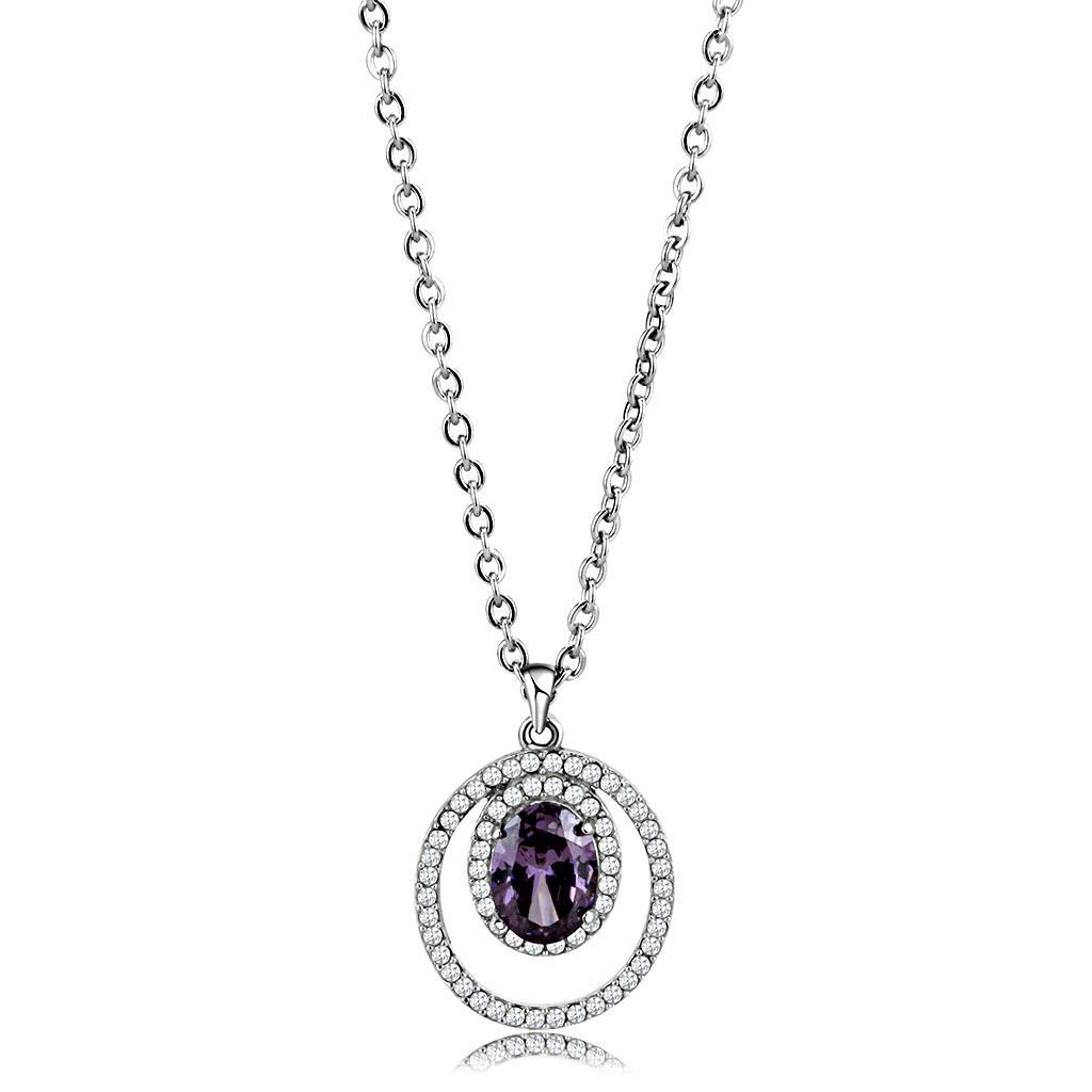 DA300 - High polished (no plating) Stainless Steel Chain Pendant with AAA Grade CZ  in Amethyst-0