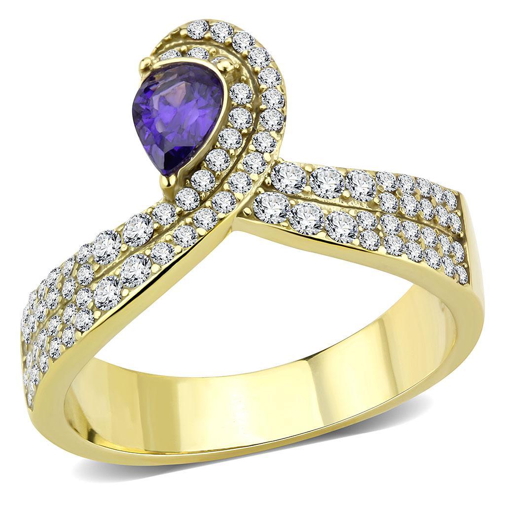 DA304 - IP Gold(Ion Plating) Stainless Steel Ring with AAA Grade CZ  in Tanzanite-0