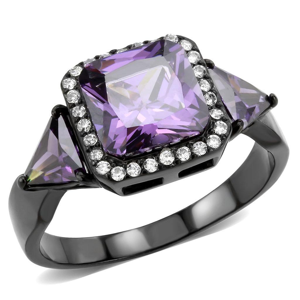 DA346 - IP Black(Ion Plating) Stainless Steel Ring with AAA Grade CZ  in Amethyst-0