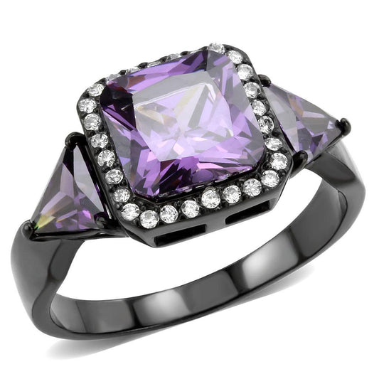 DA346 - IP Black(Ion Plating) Stainless Steel Ring with AAA Grade CZ  in Amethyst-0