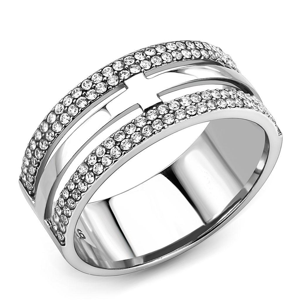 DA366 - High polished (no plating) Stainless Steel Ring with AAA Grade CZ  in Clear-0