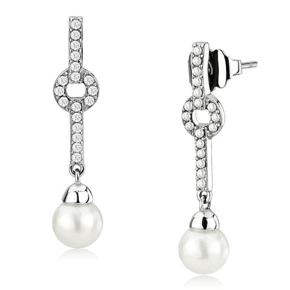 DA370 - High polished (no plating) Stainless Steel Earrings with Synthetic Pearl in White-0