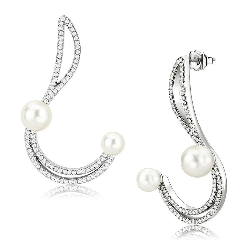 DA375 - High polished (no plating) Stainless Steel Earrings with Synthetic Pearl in White-0