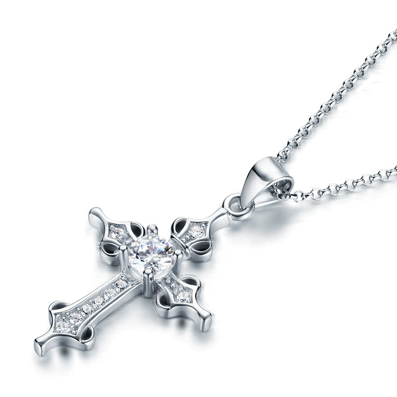 925 Sterling Silver Cross Pendant Necklace Round Cut Created Diamond Jewelry XFN8027-2