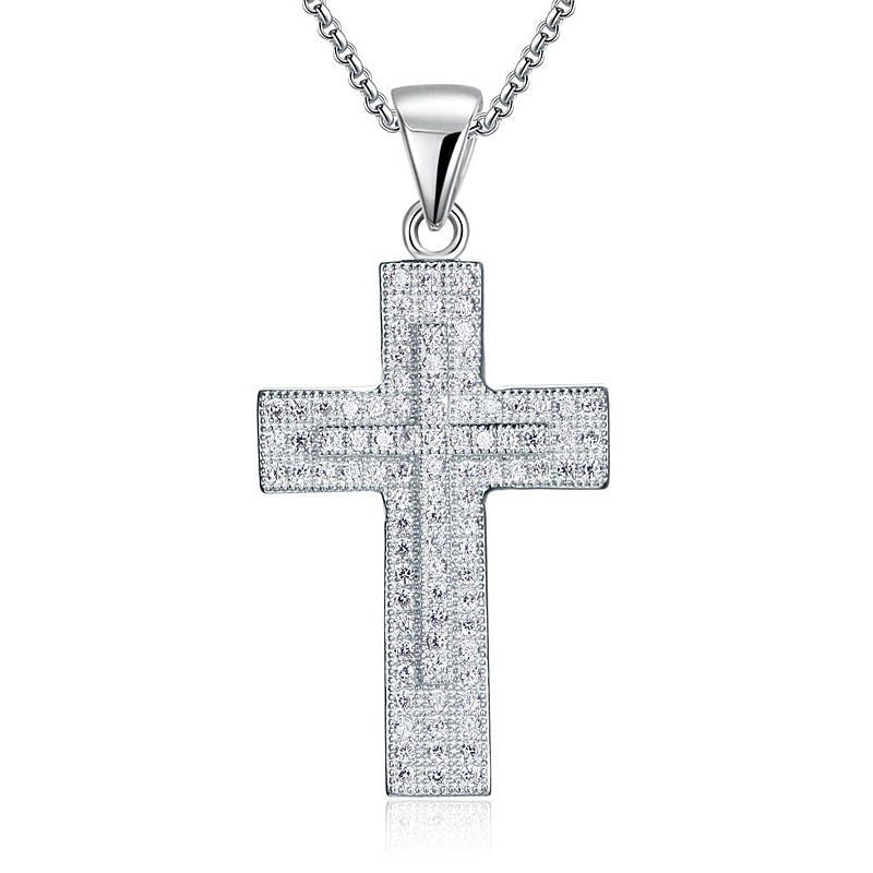 Micro Setting Cubic Zirconia 925 Sterling Silver Cross Pendant Necklace XFN8039-2