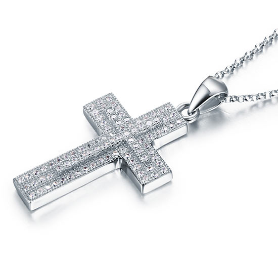 Micro Setting Cubic Zirconia 925 Sterling Silver Cross Pendant Necklace XFN8039-3